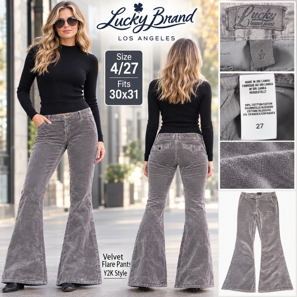 Lucky Brand Grey Velvet Flare Pants Y2K Low Rise Bell Bottom 7W20041 Size 4/27